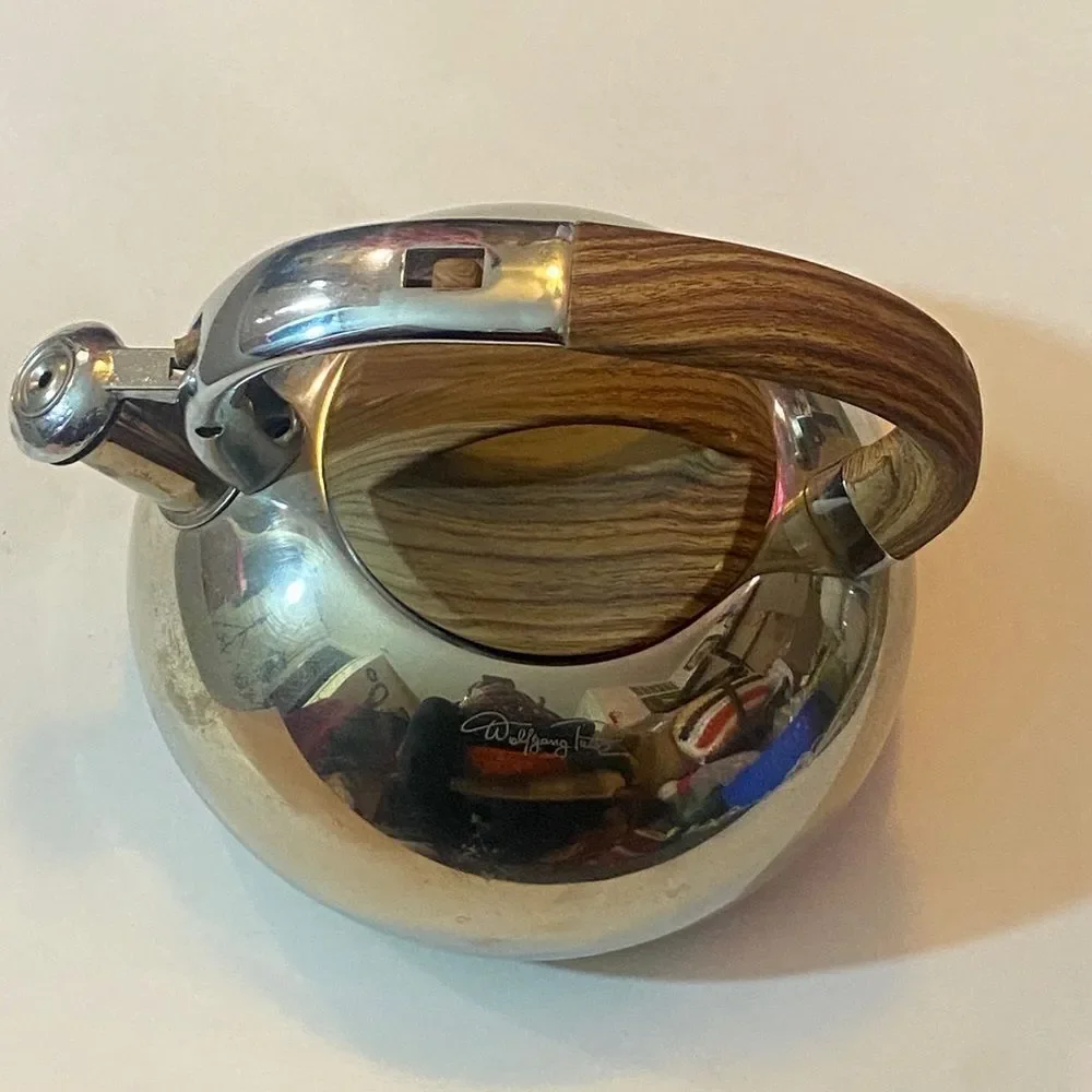 Polished Silver Kettle with Wooden Accents